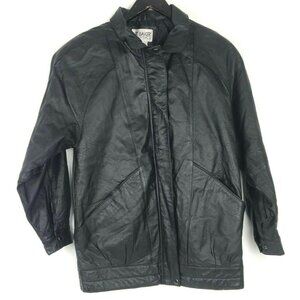 Womens Vtg Black Leather Jacket Liz Baker Longline Full Zip Shoulder Pads Small